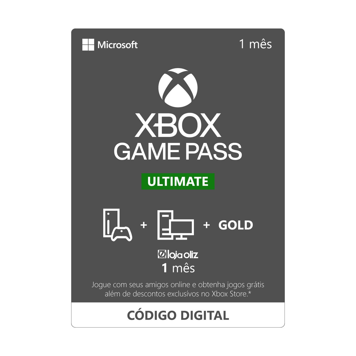 Gift Card Xbox Game Pass Ultimate 1 Mês Cód 25 Dígitos